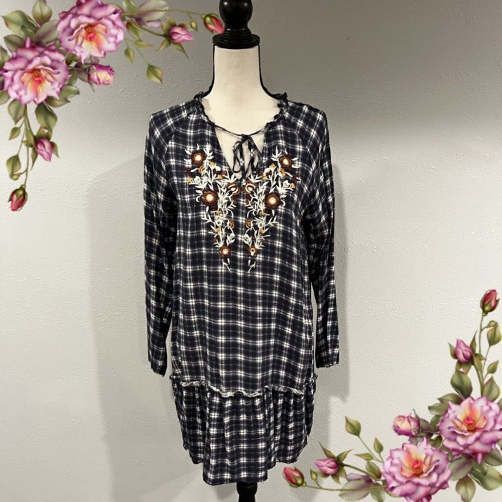 THML embroidered plaid Long sleeve dress